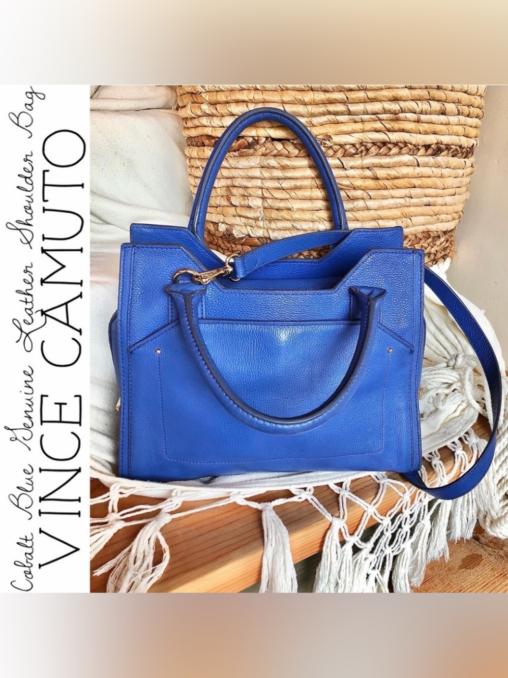 Vince Camuto Cobalt Blue Genuine Leather Shoulder Bag